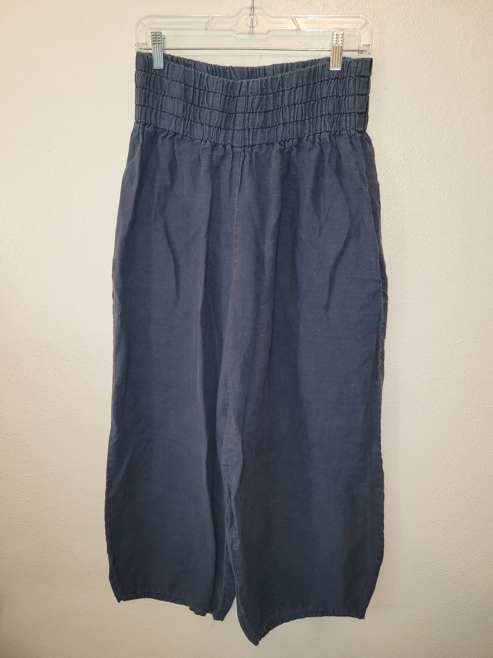 Yuvita 100% Linen Smocked Waist Wide Leg Pants Navy M